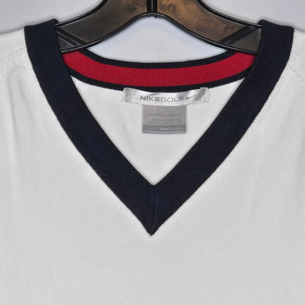 Nike Golf Sweater Y2K Womens Medium White V-Neck 3/4 Sleeve Knit Navy Red Trim
